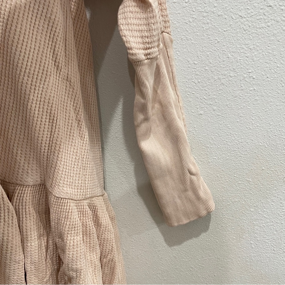 Free People Beige Waffle Knit Henley Thermal Tiered Mini Dress Boho Long Sleeve - Picture 4 of 8